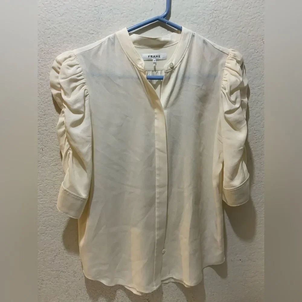 FRAME Gilian 100% Silk Puff-sleeve Top In white size small